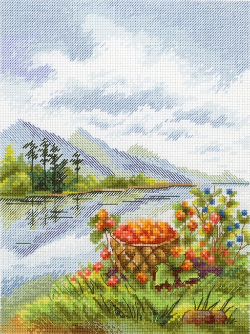 набор для вышивки крестом пейзаж с ягодами на фоне горного озера