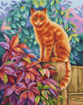 Рыжий кот на фоне цветов. Алмазная мозаика